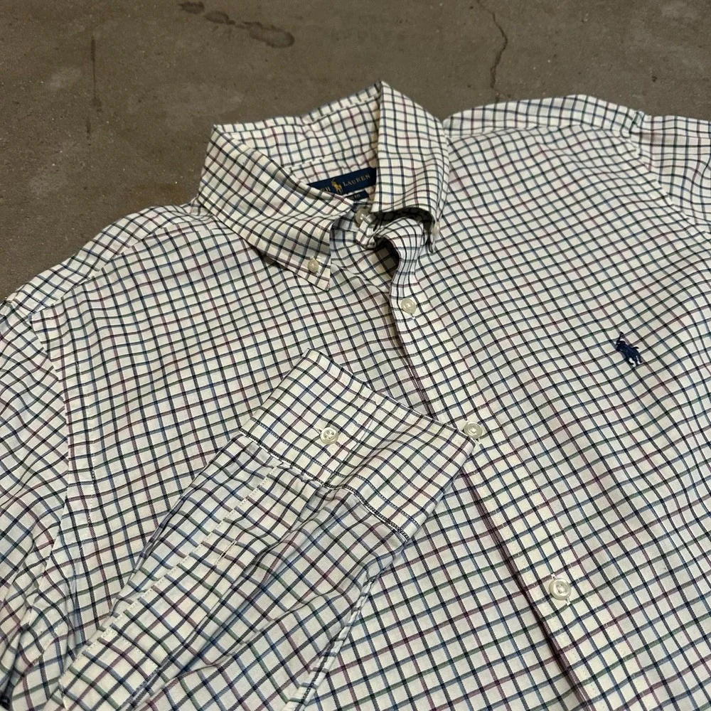Ralph Lauren Shirt Mens L Cream Plaid Classic Gingham Oxford Check Preppy Casual